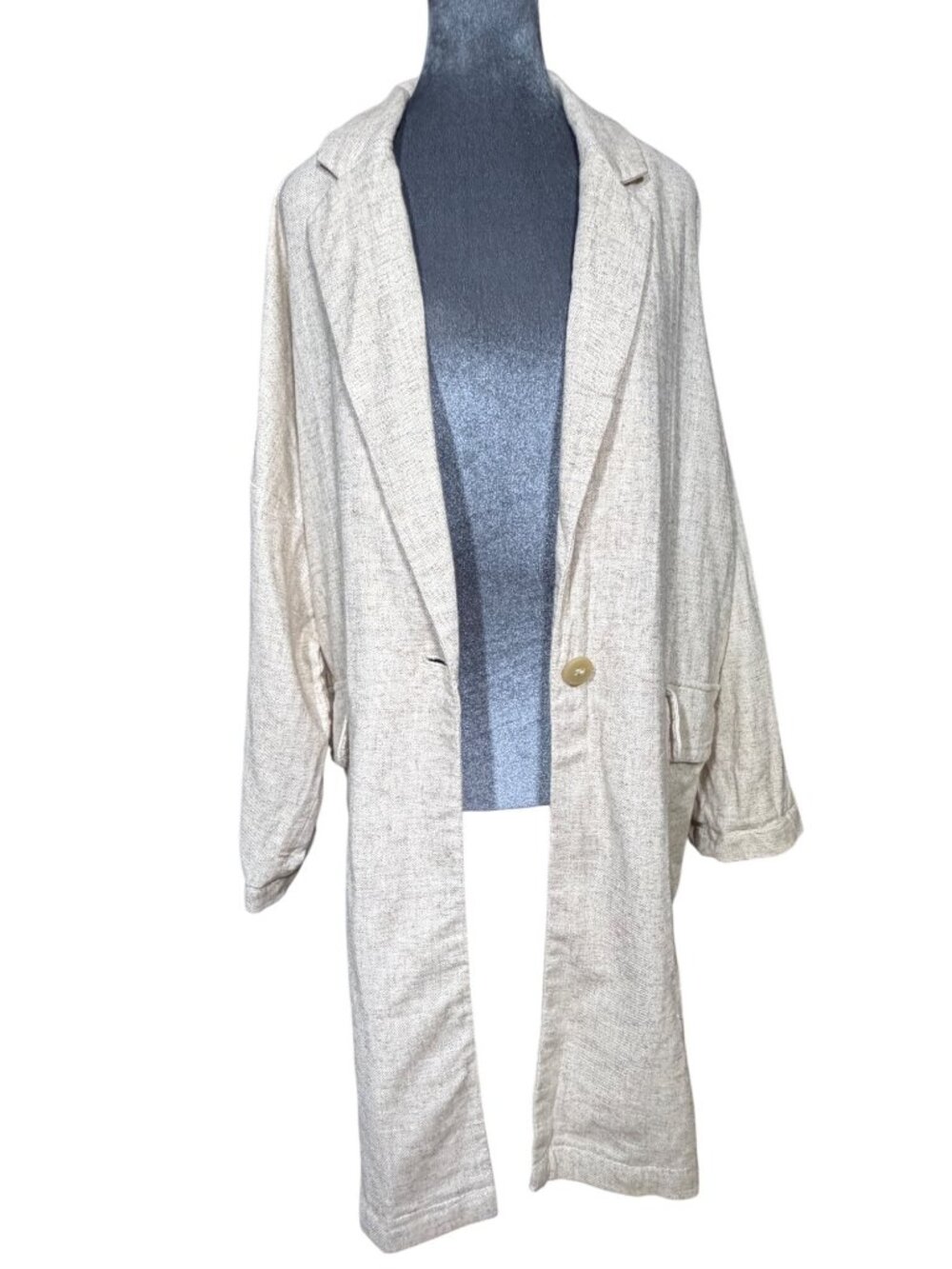 Oversized Zara Beige Linen Blend Single-Button Womens Blazer Coat With Pockets S - Picture 4 of 11